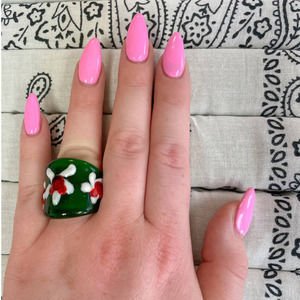 Green Daisy Flowers Art to Wear Glass Blown Multi-Color Statement Cocktail Ring